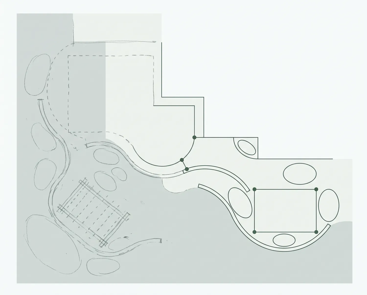 Line illustration of a backyard site plan: the left side is a loose, hand-sketched outline that resolves into precise vector plan lines and three plan-node markers toward the right.