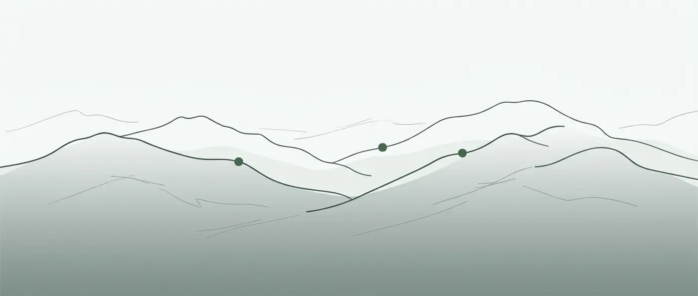 Line illustration of a rolling ridge-and-valley skyline with a soft valley-haze band beneath the ridgeline and a few unlabeled markers along it.